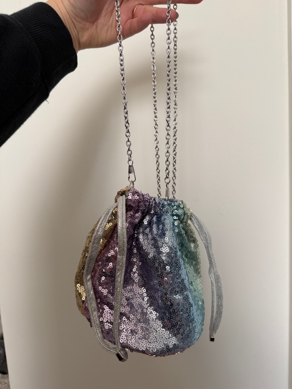 Iridescent Multi-Color Sequin Drawstring Mini Bag with Silver Chain